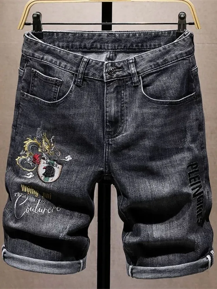 New Spring and Summer Fashion Trend Embroidery Retro Sports Straight Leg Denim Shorts Men's Casual Loose High Quality Shorts