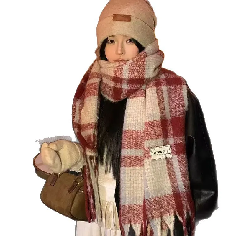 جو شتوي على الطراز الكوري، وشاح شال دافئ ومتعدد الاستخدامات، وشاح موهير وردي متقلب #5
