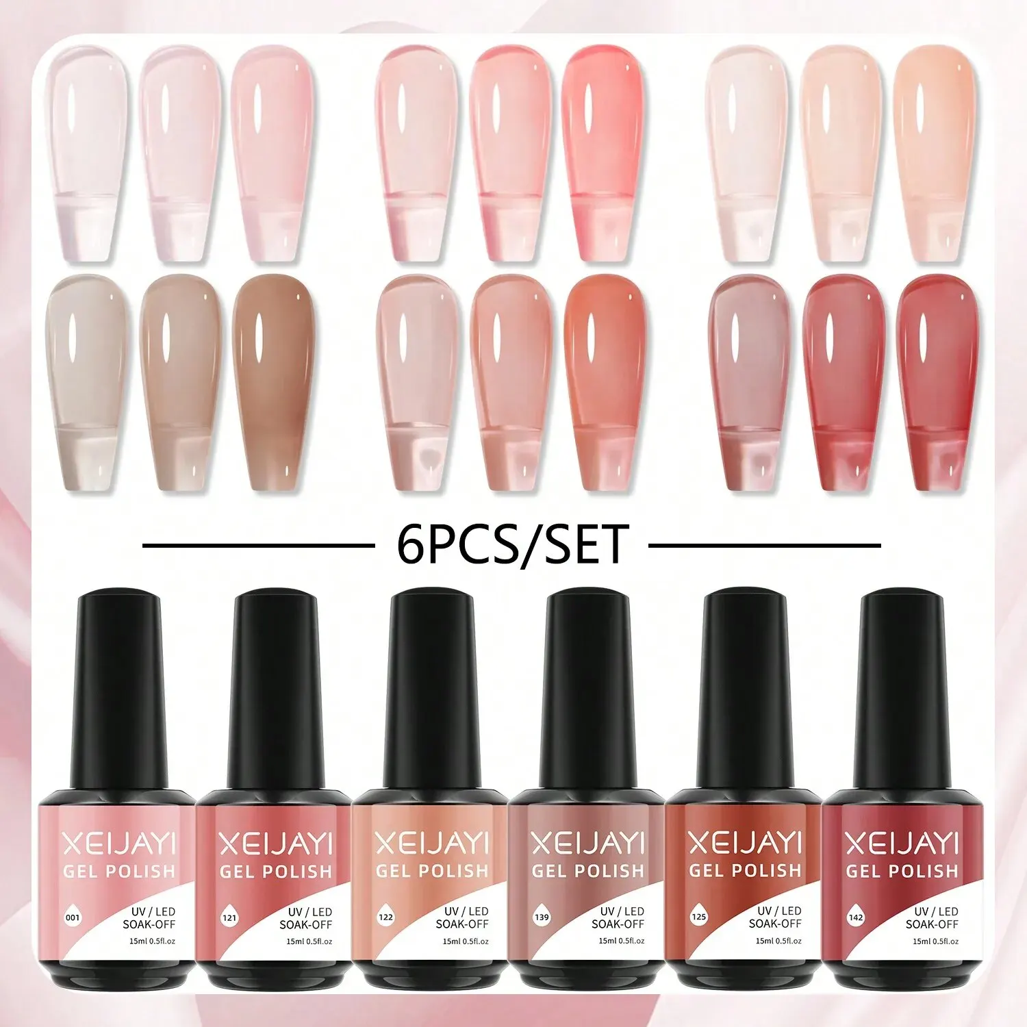 6PCS/SET 15ml Color Nail Gel Polish Set Kits Base Top Coat Varnish Soak Off UV Gel LED Semi Permanent All For Manicure Nail Art