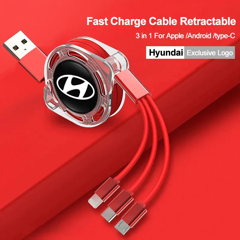 3 In 1 Retractable Data Cable USB Type-C Car Charger Head Auto Accessories For Hyundai NLINE I30 Venue Accent Kona Getz IX35 I40