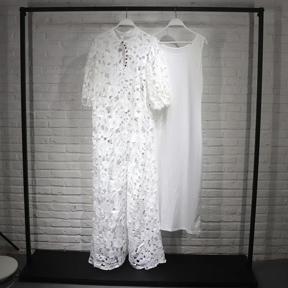 ชุดเดรสลูกไม้สีขาวลายฉลุดอกไม้สไตล์แอฟริกันสำหรับผู้หญิง ชุดดาชิกิ บูบู โรบ ดูไบ อาบายะ ชุดมุสลิม พร้อมชุดคาฟตันด้านใน