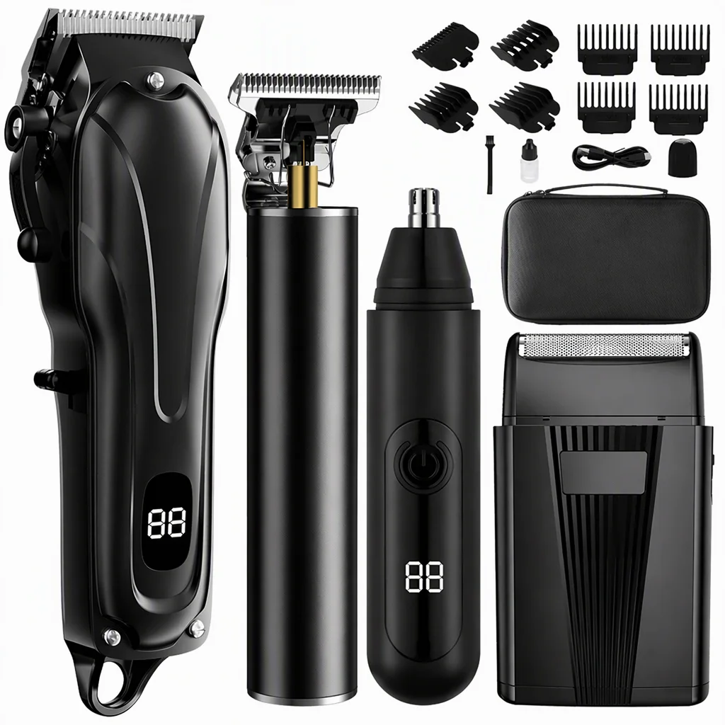 Professional Hair Clipper Men Cordless Beard Trimmer Electric Haircut Grooming Kit LED Display Barber Shaver with Guide Combs
