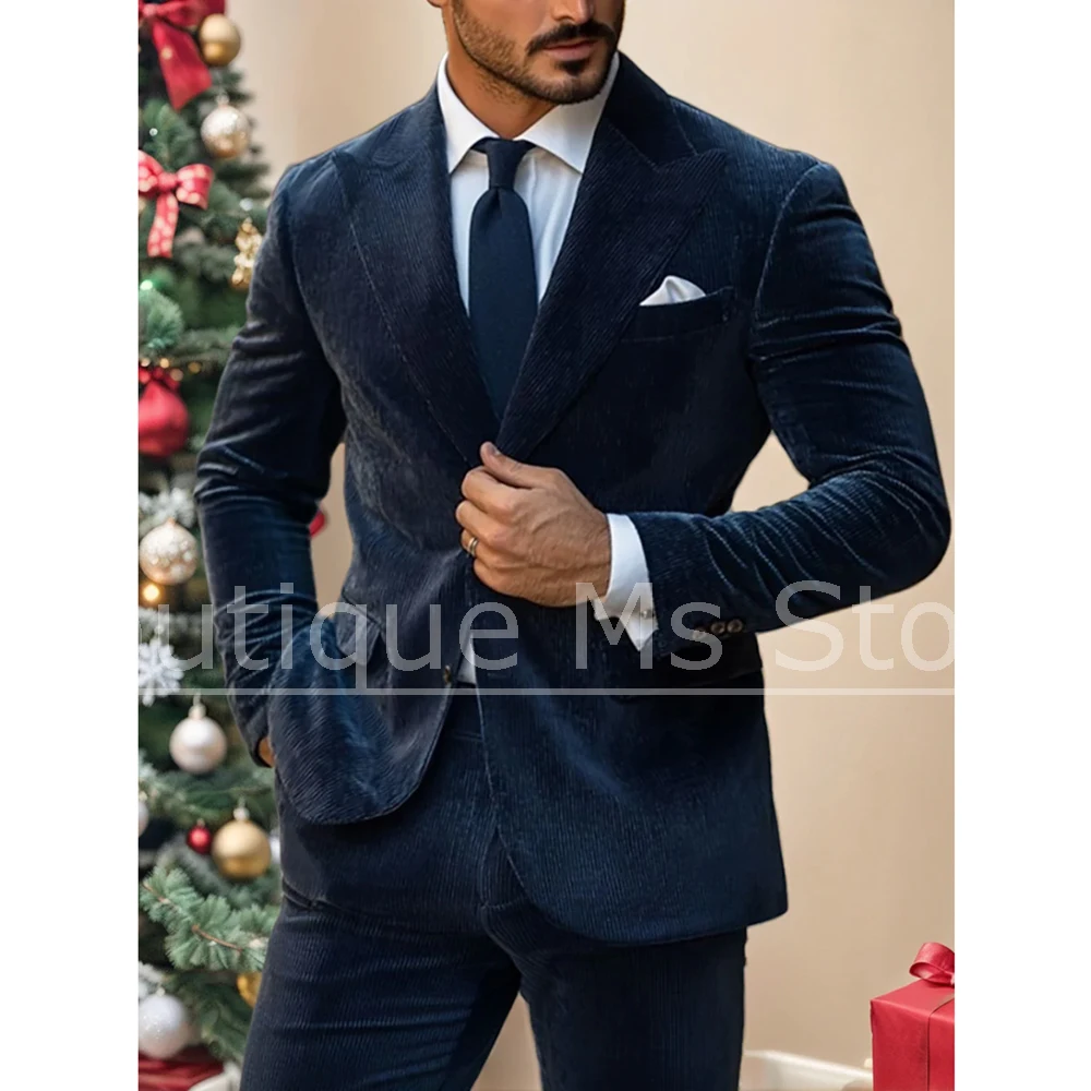 

Navy Blue Corduroy Men's Suit Slim Fit Blazer Pants Set Textured Formal Party Outfit Stylish Business Wedding Tuxedo 2 Piece