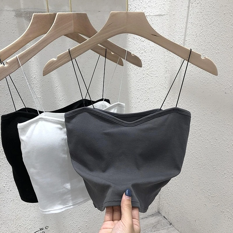 2026 Summer Women's Base Layer Tops White Camisole Versatile Tank Top With Built In Padded Bra Backless Wrap Chest Crop Top
