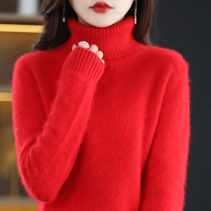 Autumn and winter new sweaters ladies thick 100% pure mink velvet solid color high collar long sleeve fashion split sweater