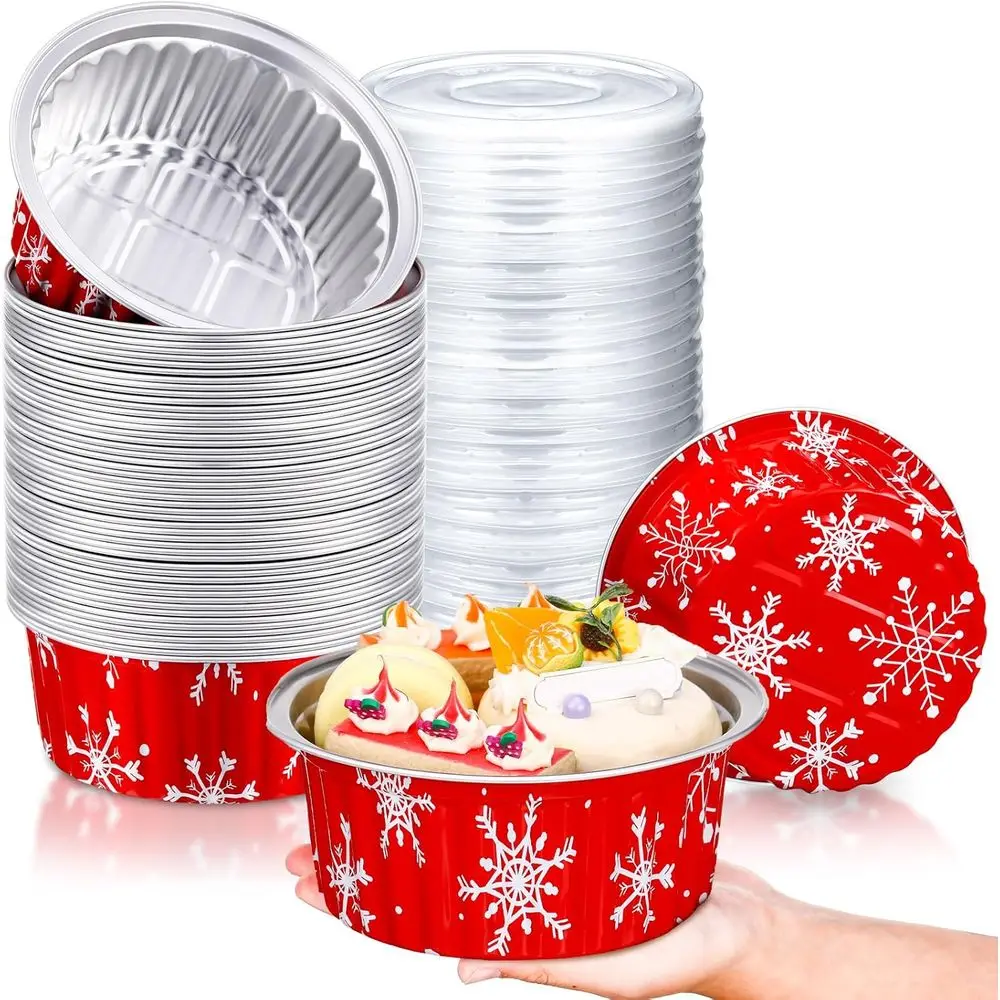 

50 Pack 1lb Snowflake Aluminum Bread Loaf Pans with Lids, 580ml Mini Round Disposable Xmas Cupcake Tins for Food & Gift Packagin
