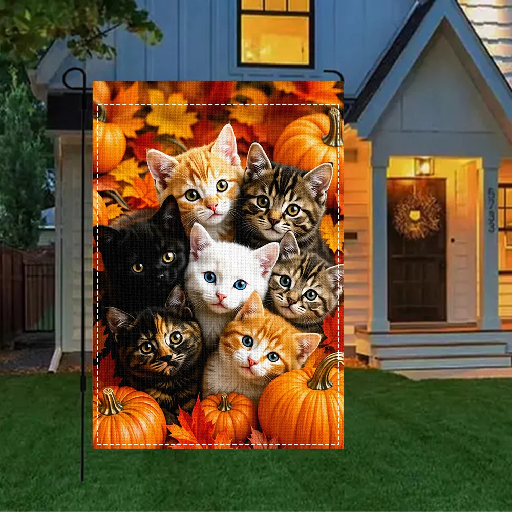 1PC Cute Kitten and Pumpkin Garden Flag, Duplex Print, Perfect for Fall Patio and Outdoor Fall Decor (Pole Not Included)