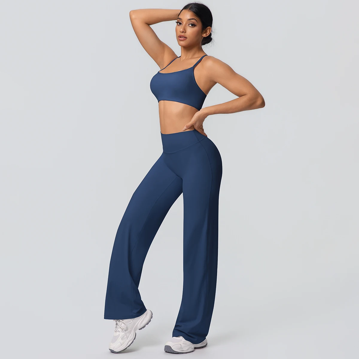 Frauen Gym Sport Yoga Anzug Sexy Schöne Zurück Yoga Unterwäsche Mit Brust Pad Einfarbig Hohe Taille Breite Bein Hosen Yoga Set – Detail 23