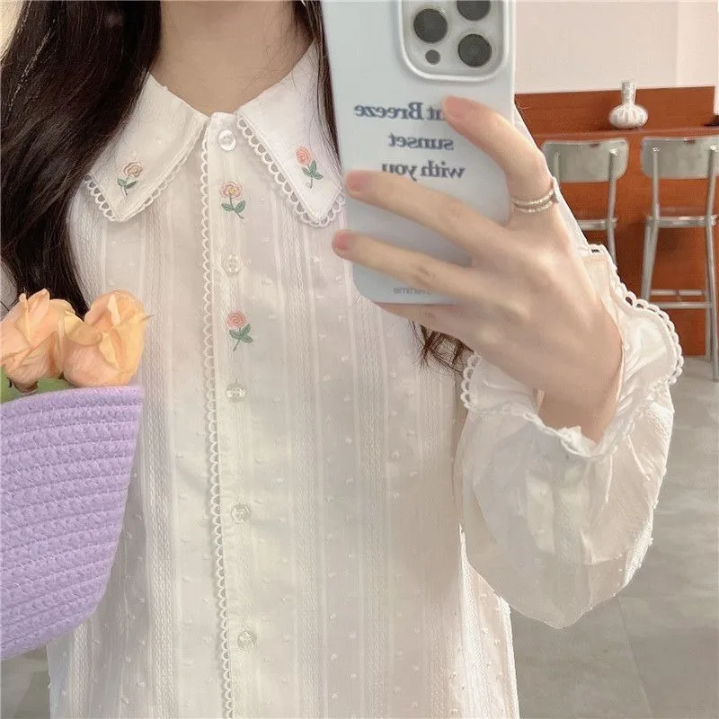 Kawaii Peter Pan Collar Shirts Women Sweet Floral Embroidury Girlish Long-sleeved tops Inner Wear Japanese Style Fashion Retro