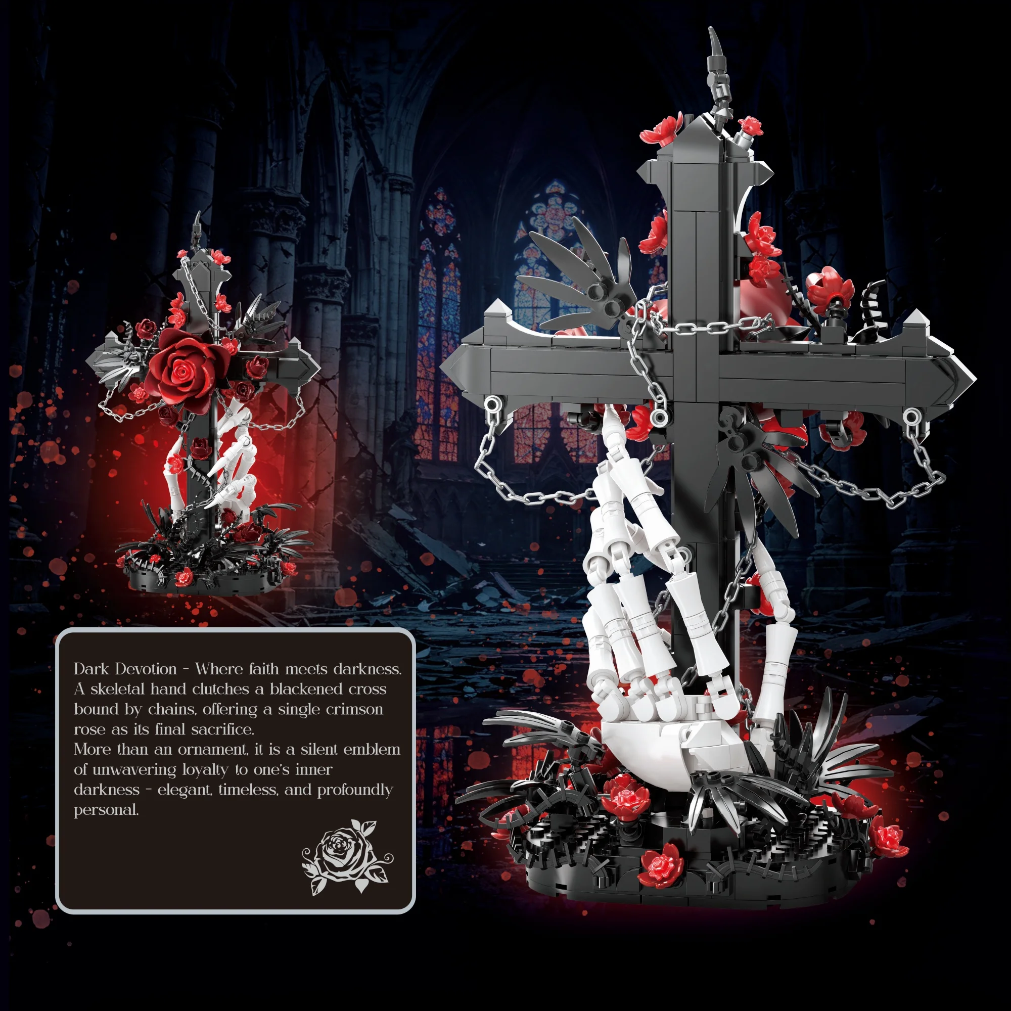720pcs Dark Devotion Building Blocks Desktop Decoration Skeleton Lock Oath Dark Romantic Thorn Cross Bricks Toys for Adults Gift