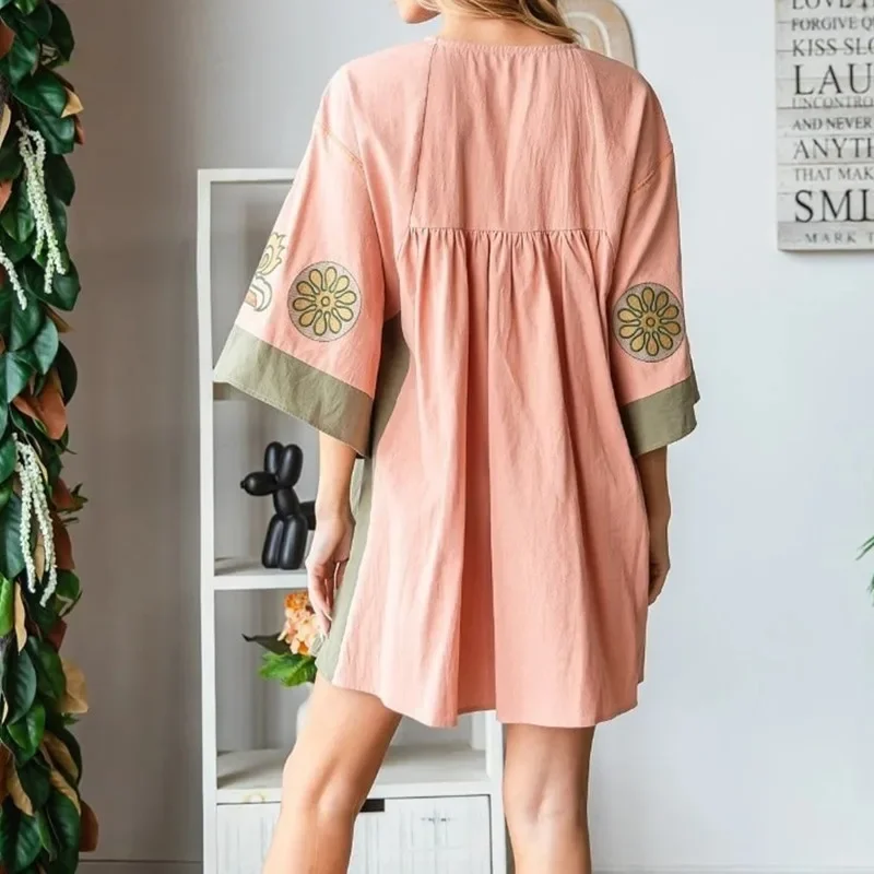 Women's Summer Floral Print Dress V-Neck Loose Fit Short Dress For Beach Print With A V-neck and Three-quarter Sleeves