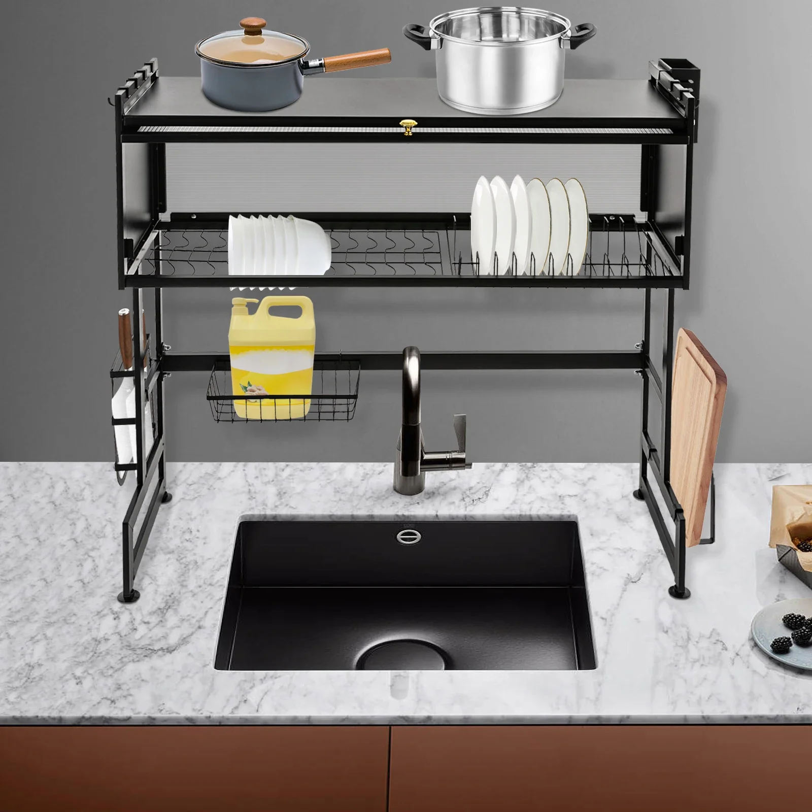 

2 Tier Metal Over Sink Dish Rack for Kitchen Counter Above Sink Dish Drainer Organizer with Hooks &Utensil Cup Holder Sink Caddy