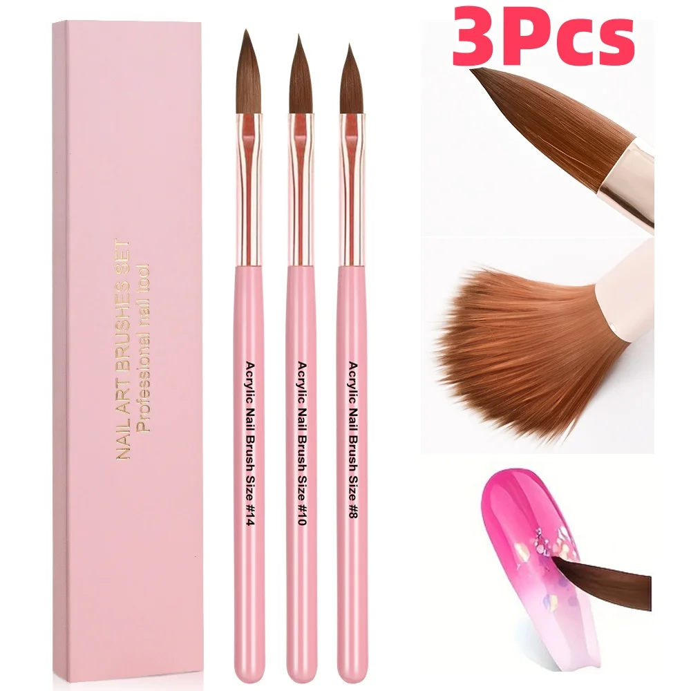 3Pcs/Set Acrylic Nail Art Brushes 8/10/14mm Pink Wooden Rod Crystal Pen For Acrylic Powder Extension&Carving Manicure Salon Tool