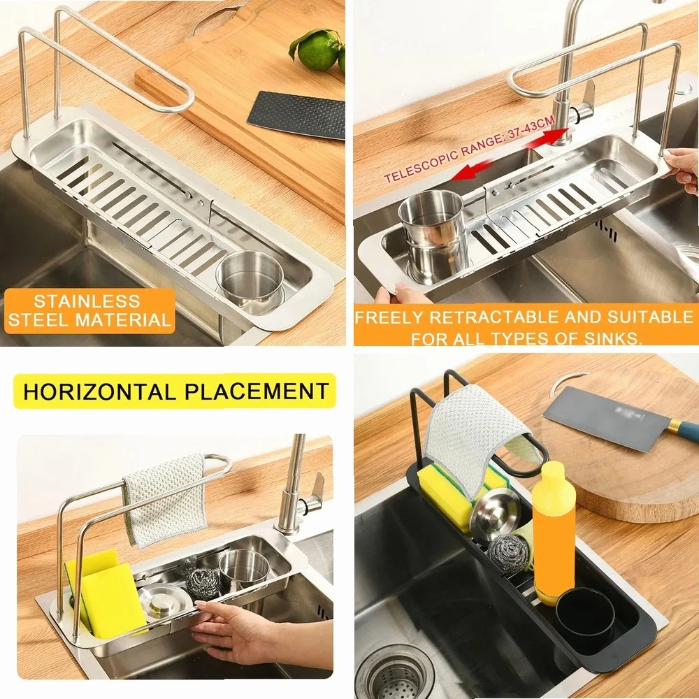 Adjustable Kitchen Sink Organizer Rack, Telescopic Storage for Sponge Towel Faucet, Expandable Sink Caddy