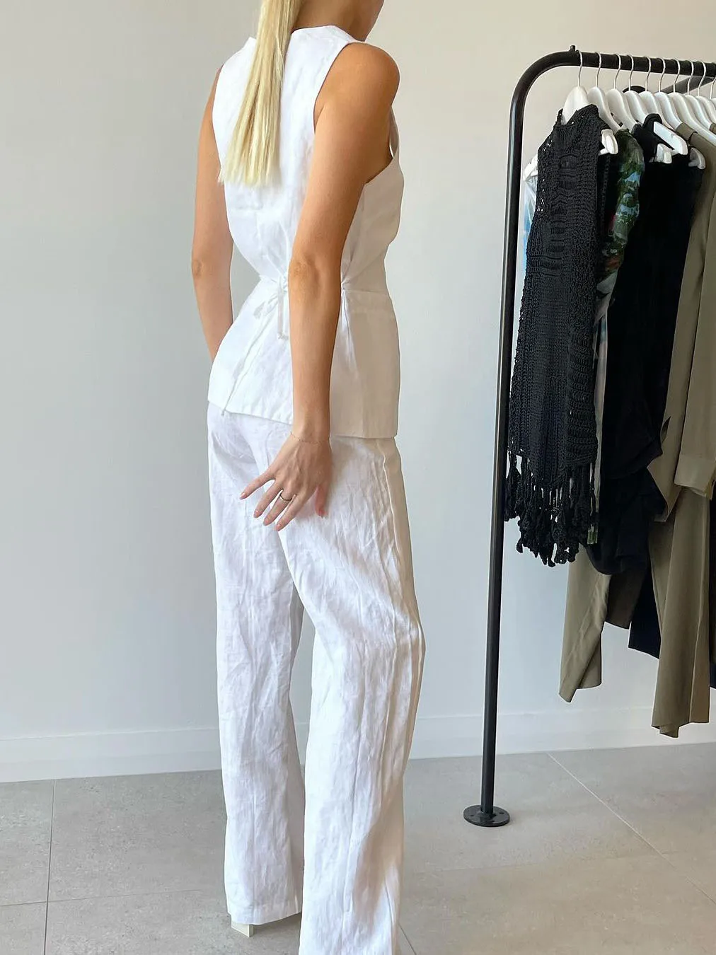 Novo conjunto de colete e calças com gola quadrada longo sve algodão faion conjunto roupas femininas primavera 2024 coleção terno de duas peças