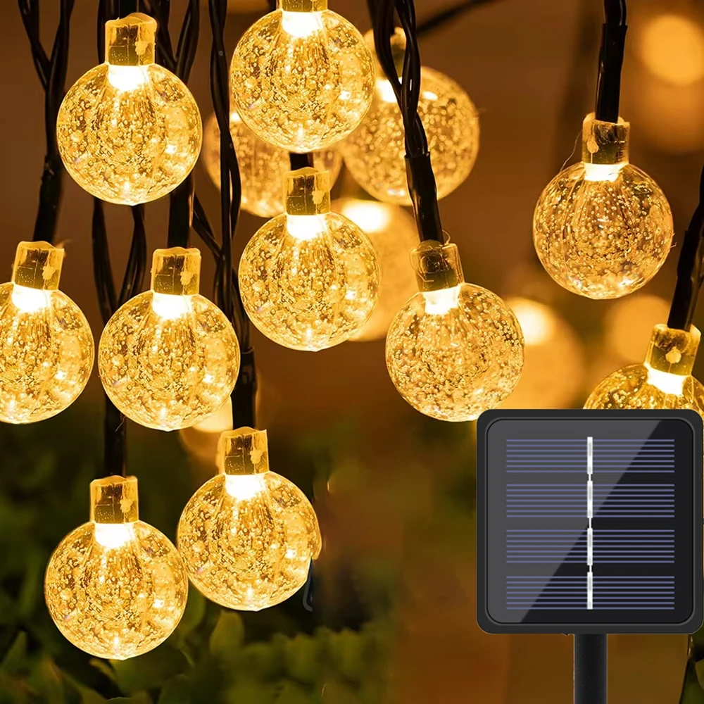 Solar String Lights Outdoor Waterproof LED 8 Modes Crystal Globe Christmas Lights for Garden Lawn Porch Decor Camping