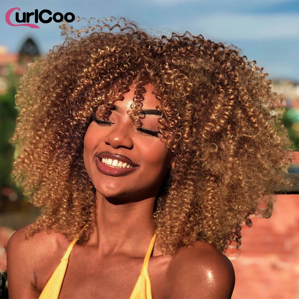 Kurze lockige blonde Perücke mit Pony afro verworrene lockige Perücken für schwarze Frauen synthetische natürliche Ombre braune Cosplay Perücke