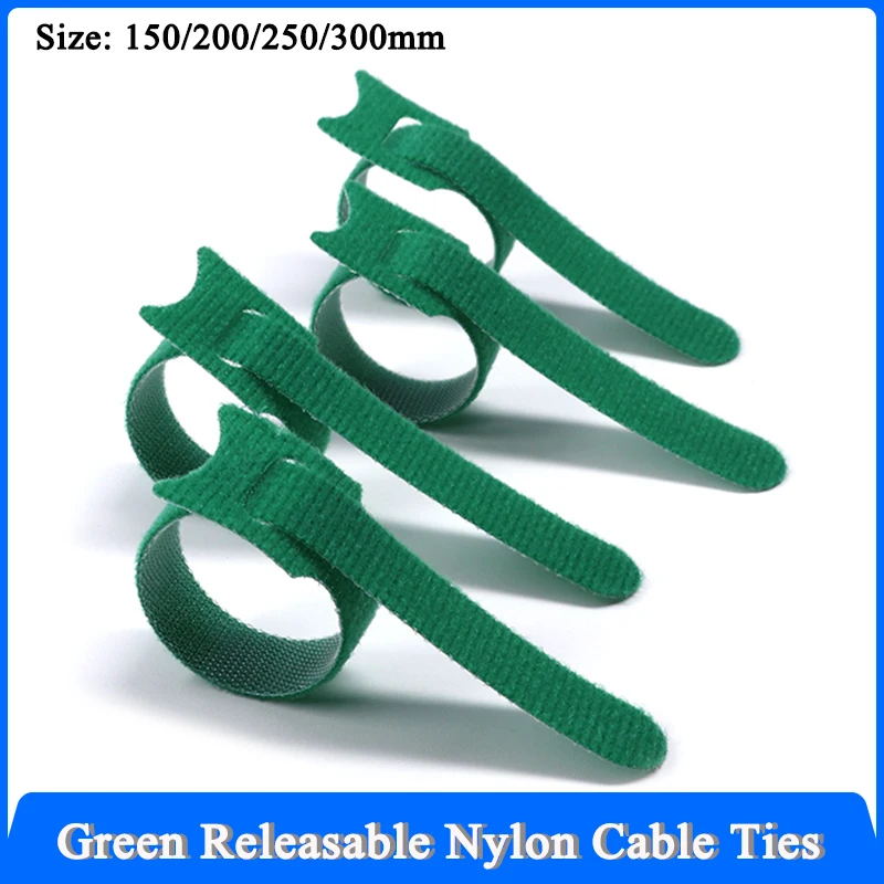 Green Releasable Cable Ties Wire Organizer 150 200 250 300mm Nylon Hook Loop Straps Wrap Zip Bundle Bandage Tie Plastics Fasten