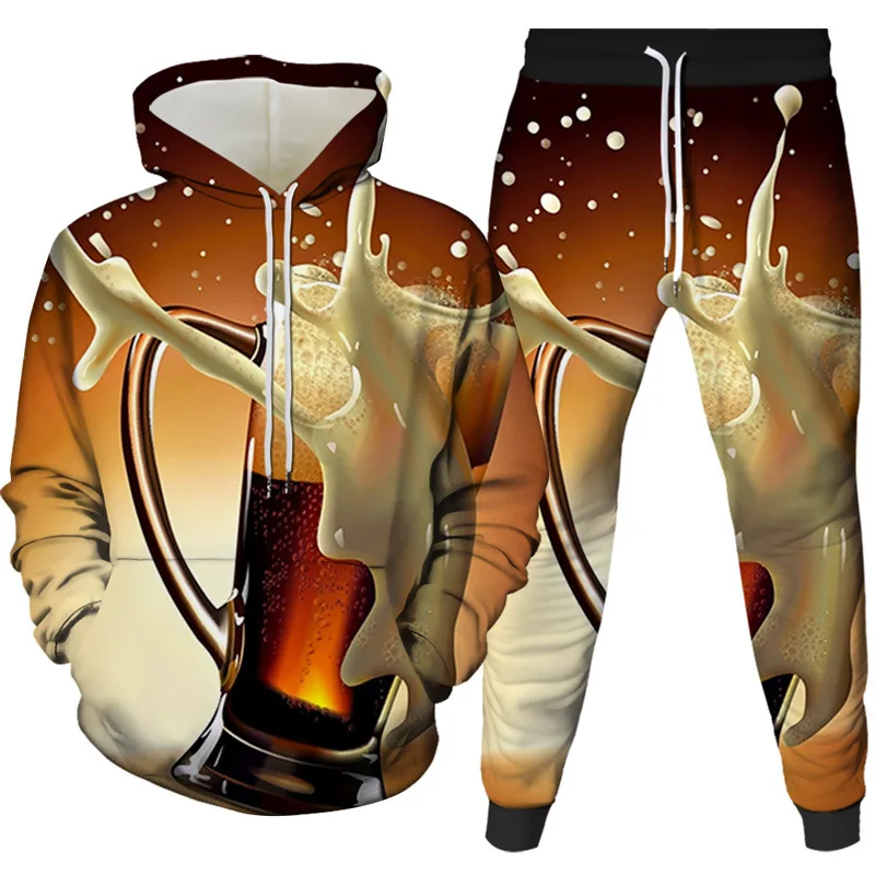 Funny Beer 3D Print Hoodie Pant Sets Men's Streetwear Sweatshirts Hoodies Sweatpants Two Piece Suits Tracksuit Men Clothing
