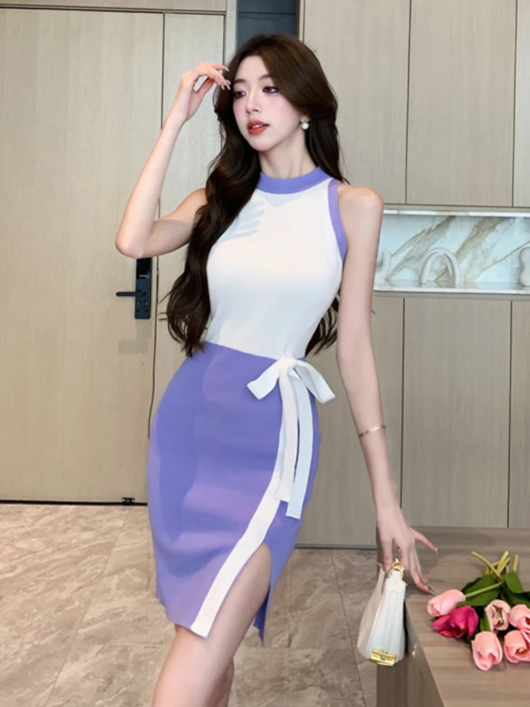 Delle donne Falso 2 Pezzi Maglia Sexy Senza Maniche Aderente Skinny Abito Corto O-Collo Sottile Cravatta Divisa Mini Abiti Mujer Partito Casual Nuovo