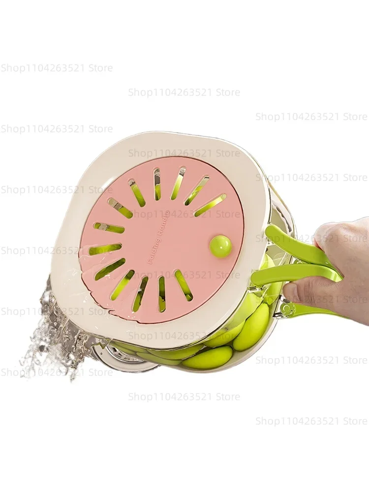 

Double Drain Basket with Lid To Wash Fruits and Vegetables Household Folding Handle