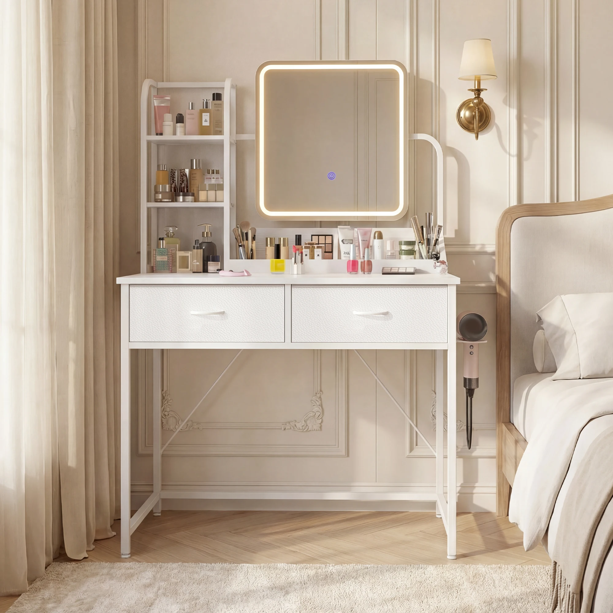 EnHomee LED Makeup Vanity Desk with 2 Fabric Drawers & Power Charging Station, Space Saving Dressing Table Dresser for Bedroom Dorm