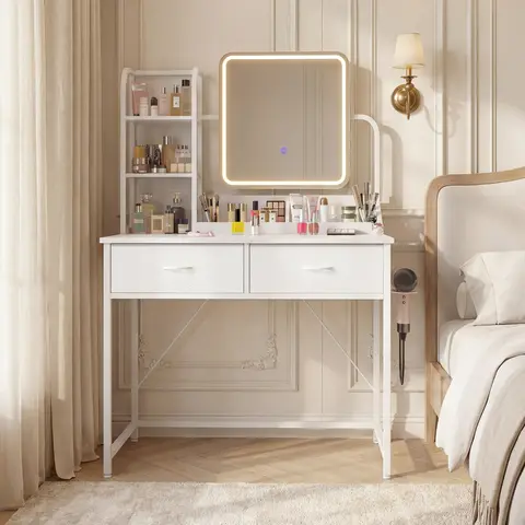 EnHomee LED Makeup Vanity Desk with 2 Fabric Drawers & Power Charging Station, Space Saving Dressing Table Dresser for Bedroom Dorm