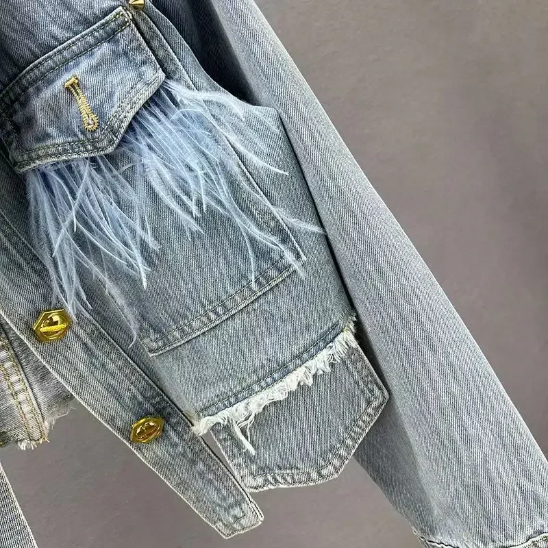 Jaqueta jeans com rebites irregulares vintage feminino, manga comprida, peito único, penas, jaqueta jeans curta, streetwear coreano, outwear azul