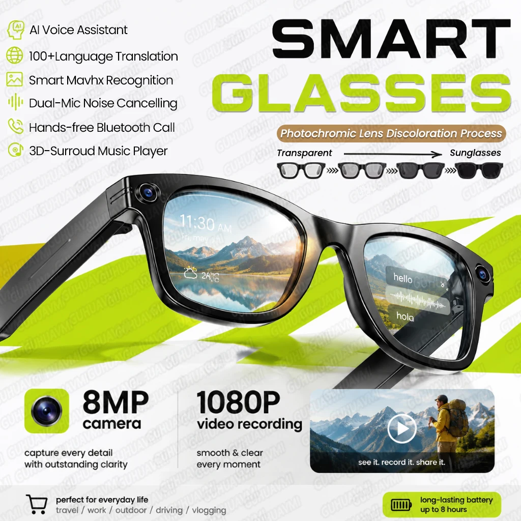 2026 New Travel Business AI Glasses 8MP HD Anti-shake Camera 1080P Video Recording AI Assistant Translation Call Smart Glasses