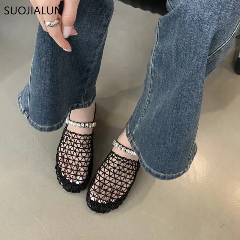 SUOJIALUN Summer New Brand Women Slipper Fashion Mesh Ladies Elegant Slip On Mules Shoes Soft Solse Flat Heel Sandal Slides Shoe