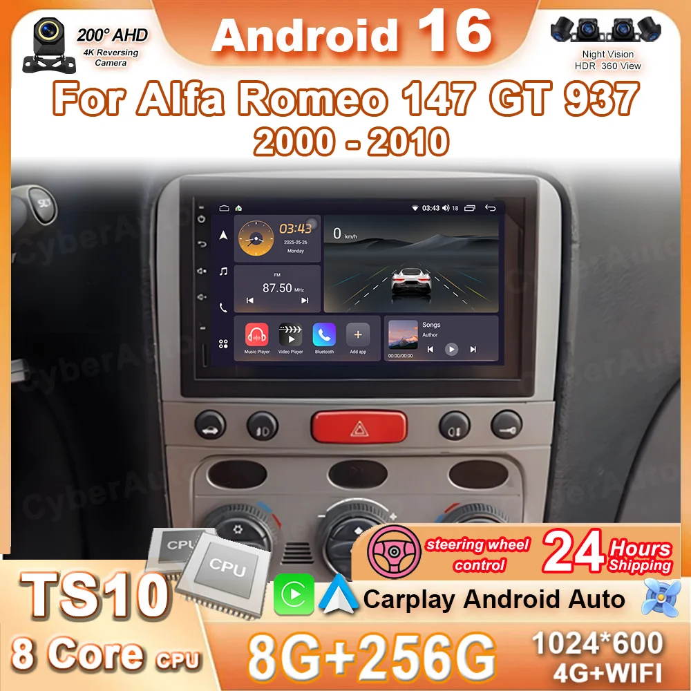 Android 16 Carplay สำหรับ Alfa Romeo 147 GT 937 2000-2010 ระบบนำทาง GPS วิดีโอ วิทยุติดรถยนต์ GPS มัลติมีเดียในรถยนต์ จอภาพในรถยนต์ DVD