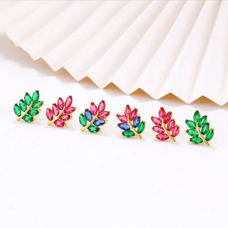 أسعار الجملة--الذهب الخالص مطلي متعدد الألوان الزركون ليف أقراط للنساء الأزياء والمجوهرات النيكل الحرة