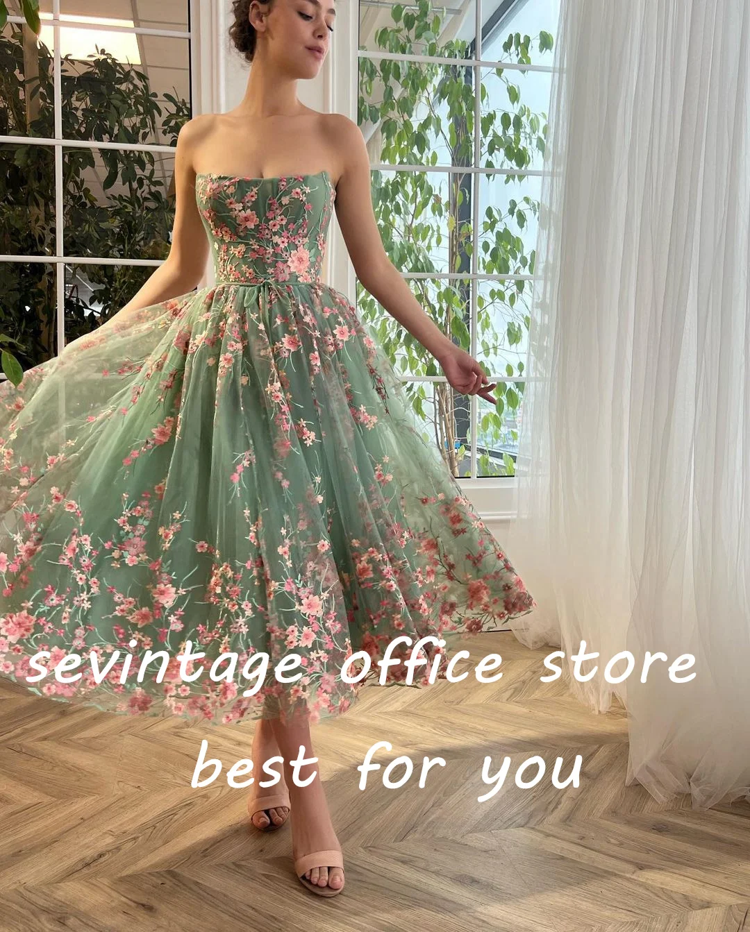 Sevintage Exquisite Embroidery Lace Appliques Tulle Prom Dresses Sleeveless Tea-length A-Line Pleat Ruched Evening Gowns 2023