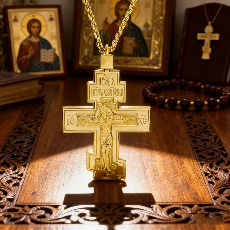 

New Traditional Orthodox Three-Bar Crucifix Necklace Silver with Engraved Icon Premium Christian Jewelry for Spiritual Devotion