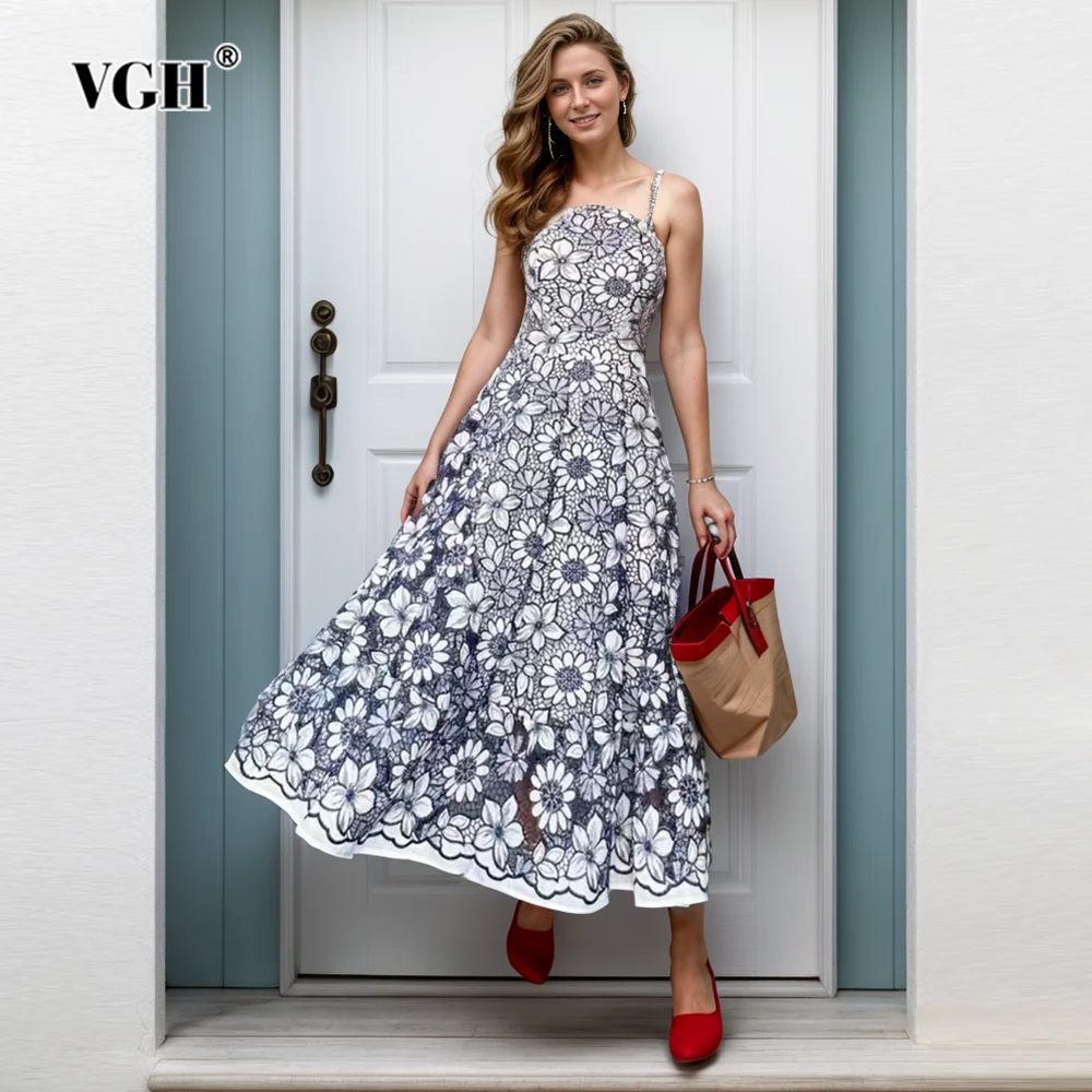 

VGH Hit Color Hollow Embroidery Dresses For Women Halter Sleeveless Backless High Waist Spliced Lace Up Slimming Dress Female