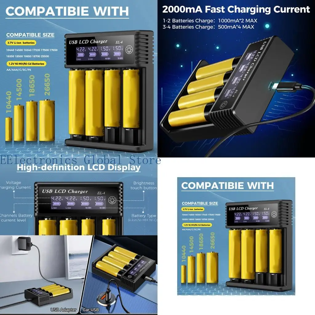 462B USB Powered 4 Bay Battery Chargers with LCD Screen, ABS Shell, 5V 2A Input Liion Cell Chargers for Flashlights, Cameras,