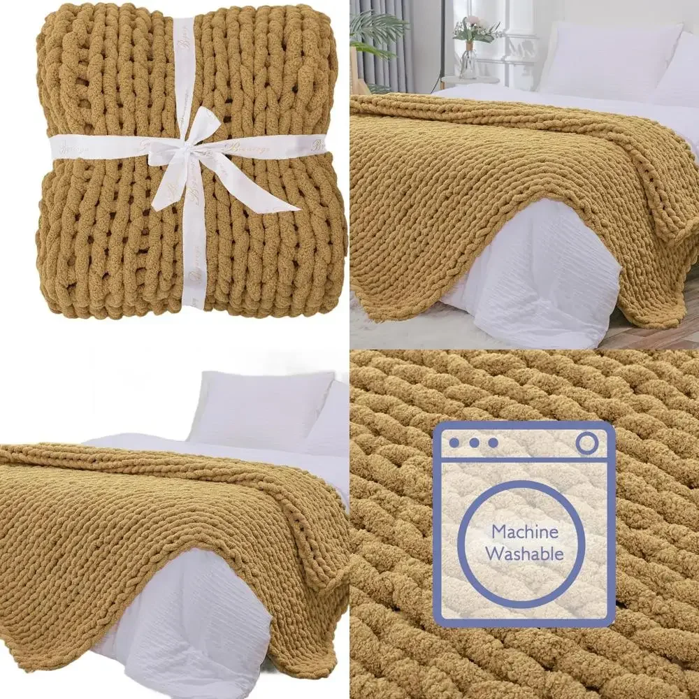 

Плед ручной работы из толстой пряжи, 40x80, плюшевое вязаное одеяло с узором косички для дивана, гостиной, цвет золотисто-желтый