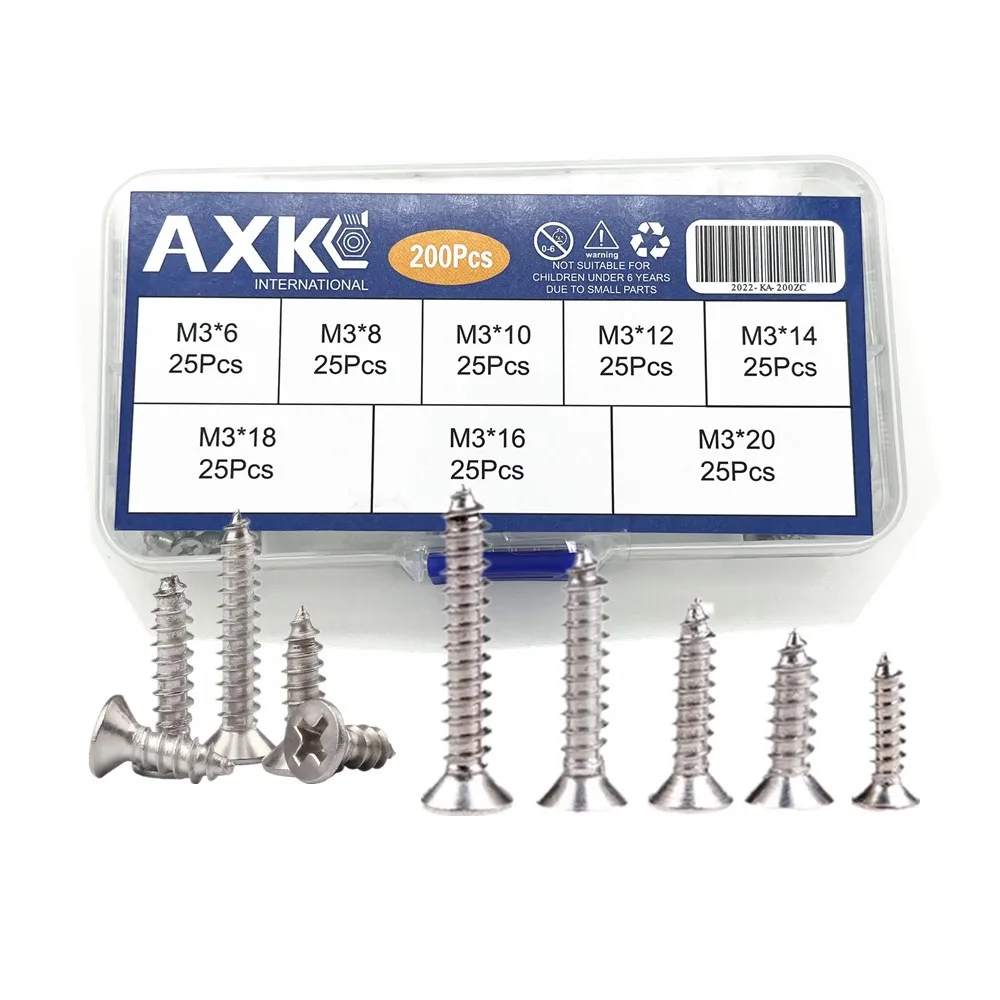 

200pcs/set Countersunk flat head tapping screws with cross recessed M3 Screws Philips Screw Stainless Steel Wood Screws