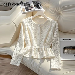 Women French Style Stylish Luxury Chic Lace Shirts Office Lady Elegant Ruffle Slim Blouses Autumn Solid O Neck Long Sleeve Tops