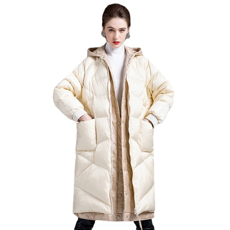 Winter New High End European Women White Duck Down Coat Mid Length Fake Two Piece Loose Warm Down Coat Fashion Women Overcoat