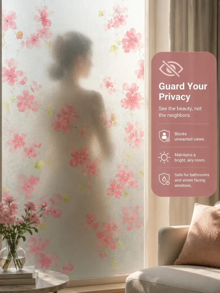 Frosted Privacy Window Film Translucent Light Block No Glue UV Protection Heat Control Removable for Bathroom Home Office Glass view 3