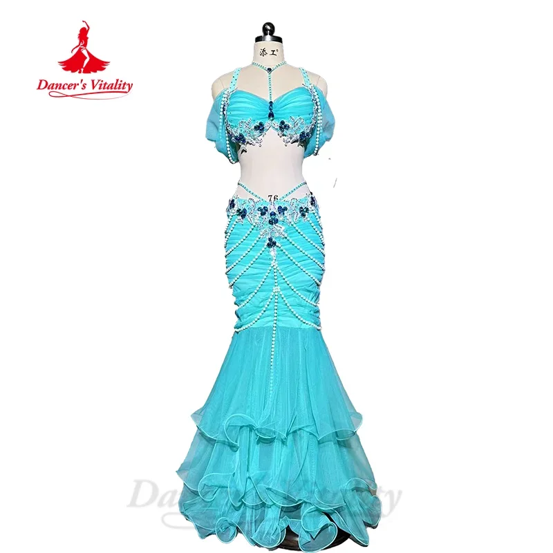 BellyDance Set Women\'s Customized Luxury Rhinestone Bra+Exquisite Pearl Fishtail Skirt 2pcs Oriental Dance Performance Clothing