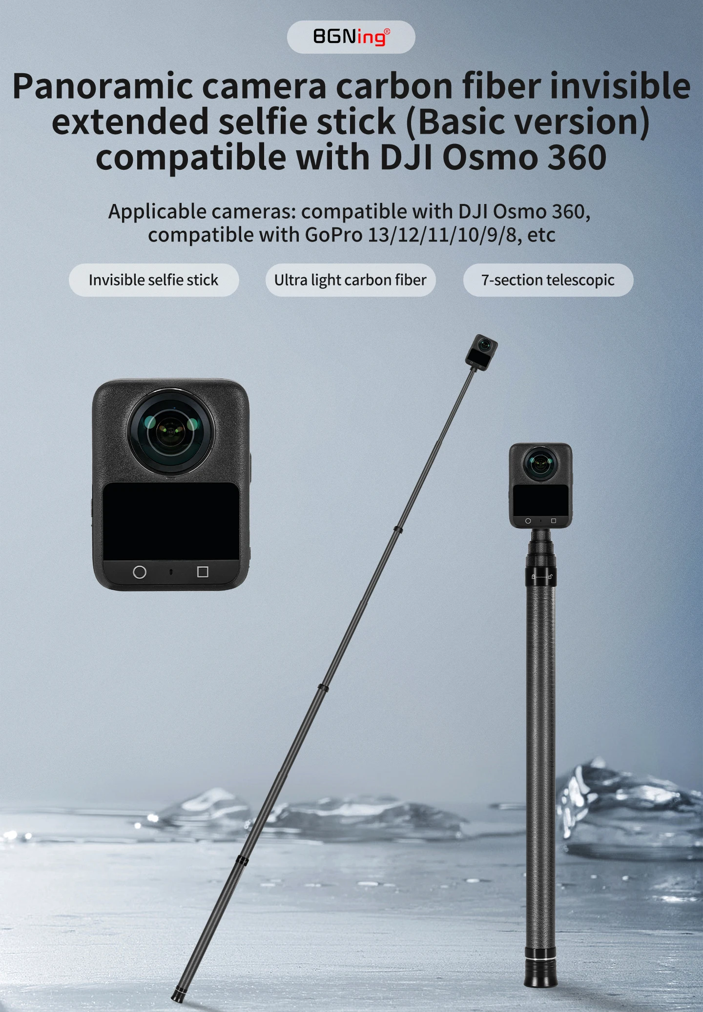 Einziehbares 3M Carbonfaser-Einbeinstativ-Selfie-Stick mit 1/4-Zoll-Stativadapter für Insta360 X6, Magnetic DJI OSMO 360, Pocket4, Action6 Kamera – Detail 6