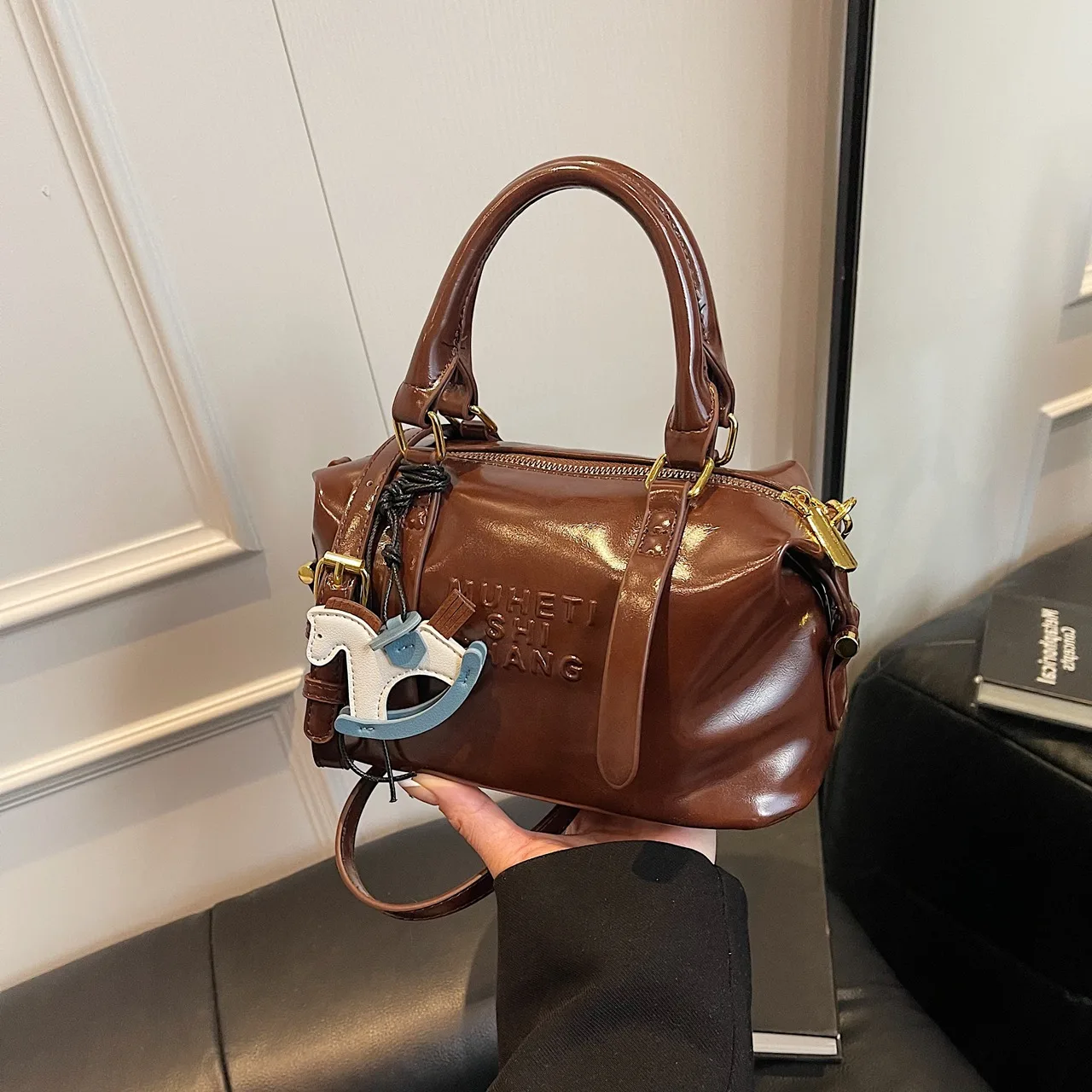 

2025 Luxury Boston Shoulder Bag for Women, Minimalist Crossbody Purse with Detachable Strap & Charm