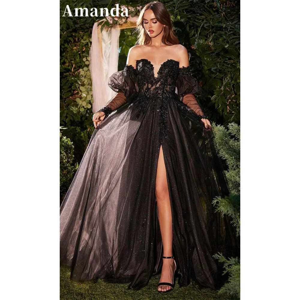 Amanda Princess Black Long Sleeve Vestido De Novia Lace Embroid Prom Dress 2024 Tulle Side Split Shiny Layer Graduation Ball