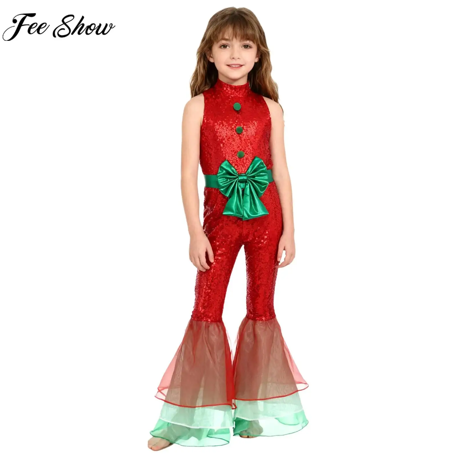 

Детский рождественский комбинезон с блестящими пайетками для девочек, комбинезон без рукавов с помпоном и бантом, расклешенное боди для танцев, рождественская вечеринка, карнавальный костюм Санта-Эльфа