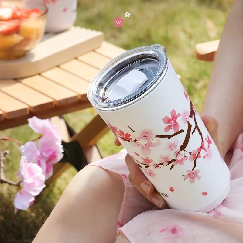 360/560ml Thermos Mug Leak-Proof Travel Ins Cherry Blossom Style Stainless Steel Double Wall Heat Resistant Tea Water Coffee Cup