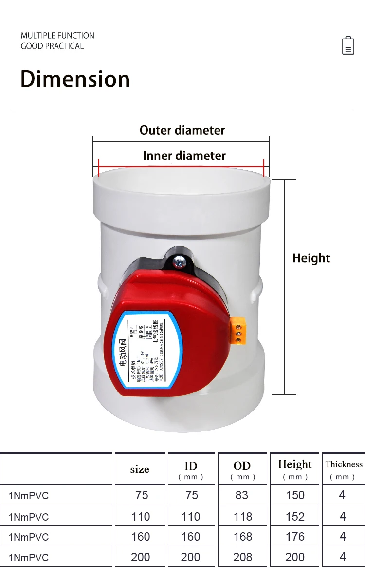 HVAC plastic air damper valve electric motorized check valve for ventilation pipe duct valve with actuator 220V 24V 12V