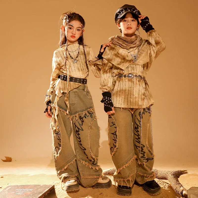 

Kid Wasteland Style Hip Hop Clothing Khaki Distressed Top Casual Raw Hem Denim Jeans Pants for Girl Boy Dance Costumes Clothes