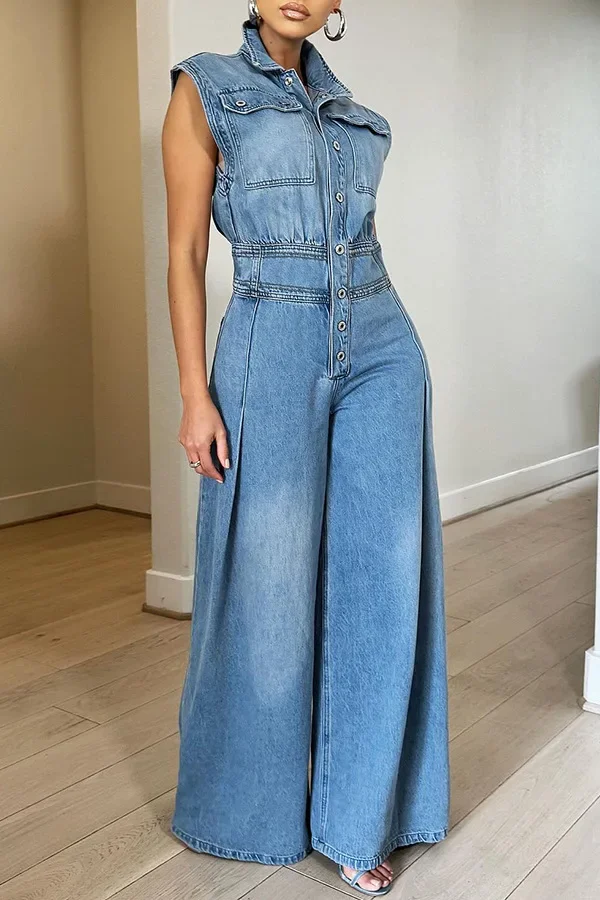 Jumpsuits Women One Piece Denim Jeans Overalls Sleeveless High Waist Turn Down Collar Wide Leg Long Pants Rompers Summer 2024